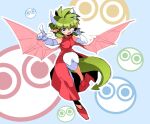  1girl 5others draco_centauros dragon_girl dragon_horns dragon_tail dragon_wings dress gloves green_eyes green_hair green_tail horns multiple_others one_eye_closed puyo_(puyopuyo) puyopuyo q-bei red_dress short_hair standing standing_on_one_leg tail white_gloves wings 