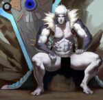  1boy abs bar_censor bara bare_pectorals bottomless censored chens_art colored_skin commission facial_hair fur-trimmed_vest green_vest grey_skin highres lanz_(xenoblade) large_pectorals male_focus muscular muscular_male naked_vest navel nipples open_clothes open_vest pectorals red_eyes short_hair sitting solo stubble thick_thighs thighs vest white_hair xenoblade_chronicles_(series) xenoblade_chronicles_3 