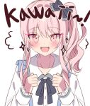  1other akiyama_mizuki androgynous blush buttons clenched_hands gin_(gin937) hair_ribbon long_hair long_sleeves neck_ribbon open_mouth pink_eyes pink_hair project_sekai ribbon side_ponytail sidelocks simple_background star_(symbol) suspenders teeth upper_body upper_teeth_only white_background 