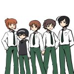  5boys adapted_costume ahoge akiyama_yukari arms_behind_back black_eyes black_hair black_necktie black_sweater_vest blunt_bangs brown_eyes brown_hair commentary dress_shirt genderswap genderswap_(ftm) girls_und_panzer green_pants hairband half-closed_eyes hand_in_pocket hand_on_another&#039;s_shoulder hand_on_hip highres isuzu_hana looking_at_viewer male_focus messy_hair multiple_boys necktie nishizumi_miho orange_eyes orange_hair pants ponita-poniponi reizei_mako school_uniform shirt short_hair short_ponytail side-by-side simple_background sleepy standing sweater_vest takebe_saori v-neck white_background white_hairband wing_collar 