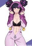  1girl abs absurdres black_hair black_nails breasts cleavage contrapposto cowboy_shot dashi_(dashiart) grin han_juri highres large_breasts multicolored_hair onesie pink_eyes purple_hair purple_hood sleeves_past_wrists smile solo streaked_hair street_fighter street_fighter_6 twintails two-tone_hair web_address 