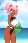  2023 anthro ball beach bear breasts brown_body brown_fur clothing eyebrow_through_hair eyebrows eyelashes female fur hair hi_res mammal one-piece_swimsuit open_mouth open_smile outside pink_eyes pink_hair ponytail scorpdk seaside smile solo swimwear translucent translucent_hair wristband 