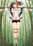  1girl bamboo bamboo_forest bare_legs barefoot bdsm bikini black_hair black_shorts blue_hair blunt_bangs blush bondage bound bound_arms bound_legs clenched_teeth commentary_request crucifixion fate/grand_order fate_(series) forest head_tilt highres jacket long_sleeves looking_at_viewer multicolored_hair nature navel one_eye_closed open_clothes open_jacket outdoors red_hair rope sei_shounagon_(fate) short_hair short_shorts shorts sidelocks solo stomach swimsuit teeth thighs twintails visor_cap white_bikini white_jacket yasume_yukito yellow_eyes 