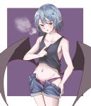  1girl alternate_costume bat_wings black_shirt black_tank_top clothes_pull commentary_request contemporary grey_hair groin highres kanaria_(bocmn) navel open_mouth panties pointy_ears pulled_by_self purple_panties red_eyes remilia_scarlet shirt shirt_pull short_hair shorts shorts_pull simple_background solo sweat tank_top touhou underwear wings 