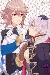  1boy 1girl armor black_gloves black_robe blush brown_eyes brown_gloves commentary_request corrin_(fire_emblem) corrin_(male)_(fire_emblem) fire_emblem fire_emblem_awakening fire_emblem_fates gloves grey_hair grin headpat heart height_difference highres hood hood_down hooded_robe kiriya_(552260) long_hair long_sleeves looking_at_another profile red_eyes robe robin_(female)_(fire_emblem) robin_(fire_emblem) short_hair smile twintails twitter_username white_hair 