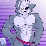  1:1 abs anthro biceps bulge canid canine canis clothed clothing digital_media_(artwork) eye_patch eyewear fizzyjay fur grey_body hi_res looking_at_viewer male mammal muscular muscular_anthro muscular_male nintendo nipples nude pecs simple_background smile solo speedo speedo_only speedo_pull star_fox swimwear topless topless_anthro topless_male tuft wolf wolf_o&#039;donnell 