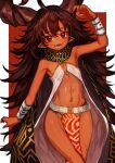  1girl ahoge arm_up belt black_hair blush cowboy_shot dark-skinned_female dark_skin dress fangs flat_chest fuji_tarawi highres horns large_horns long_hair looking_at_viewer navel open_mouth original pelvic_curtain red_eyes revealing_clothes scarf slit_pupils solo teeth two-tone_background very_long_hair white_dress wrist_cuffs 