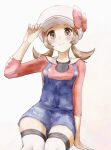  1girl arm_support asuka_rkgk blue_overalls blush bow brown_eyes brown_hair cabbie_hat closed_mouth hand_on_headwear hand_up hat hat_bow highres long_hair looking_at_viewer lyra_(pokemon) overalls pokemon pokemon_(game) pokemon_hgss red_bow red_shirt shirt simple_background sitting smile solo thighhighs twintails white_background white_headwear 