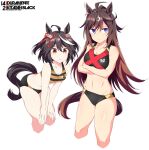  2girls ahoge animal_ears bikini black_hair blue_eyes bob_cut breasts brown_hair character_name cropped_legs crossed_arms duramente_(umamusume) hands_on_own_knees horse_ears horse_girl horse_tail kitasan_black_(umamusume) kouhaku_nawa long_hair medium_breasts multicolored_bikini multicolored_clothes multicolored_hair multiple_girls red_eyes red_ribbon ribbon rope shigino_sohuzi shimenawa short_hair simple_background sports_bikini standing streaked_hair striped striped_bikini swimsuit tail two-tone_hair umamusume white_background white_hair 