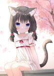  1girl animal_ear_fluff animal_ears black_hair blue_eyes blush cat_ears cat_girl cat_tail cherry_blossoms child dress female_child long_hair looking_at_viewer original outdoors ribbon short_dress short_sleeves sitting smile solo tail tree twintails umi_suzume white_dress 