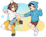  animal_humanoid canid canid_humanoid canine canine_humanoid clothed clothing duo female footwear fox_humanoid hand_holding hi_res human humanoid male mammal mammal_humanoid not_furry pawpads shoes thebrushking xiaoman_(yogin) young 