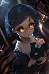  1girl absurdres black_dress black_hair button_eyes character_doll coraline coraline_jones dress highres hugging_doll hugging_object looking_at_viewer negativetabami short_hair solo yellow_eyes 