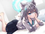  1girl absurdres animal_ears bare_legs barefoot blue_archive blue_eyes blue_necktie breasts cleavage eringi181 grey_hair hair_ornament hairpin halo highres looking_at_viewer medium_hair necktie peroro_(blue_archive) shiroko_(blue_archive) shirt solo thighs white_shirt wolf_ears 