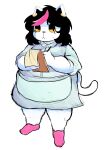  anarchoblues anthro apron biped black_hair catti_(deltarune) clothing deltarune domestic_cat dress ear_piercing ear_ring eyeshadow felid feline felis female footwear full-length_portrait hair hi_res highlights_(coloring) lidded_eyes makeup mammal mascara notebook overweight overweight_anthro overweight_female pen piercing pink_clothing pink_footwear pink_highlights pink_nose portrait ring_piercing simple_background solo standing tail thick_thighs undertale_(series) waiter white_background white_body yellow_sclera 