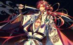  1boy black_background black_hair dragon_print earrings eyebrow_cut fate/grand_order fate_(series) hair_over_one_eye holding holding_sword holding_weapon jacket japanese_clothes jewelry kikan_(kikanoe) long_hair long_sleeves looking_at_viewer male_focus multicolored_hair nagatekkou pectoral_cleavage pectorals red_eyes red_hair smile solo streaked_hair sword takasugi_shinsaku_(fate) upper_body weapon white_hair white_jacket 