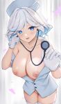  1girl :d absurdres ahoge alternate_breast_size alternate_costume bare_shoulders blue_eyes blue_hair blush breasts breasts_out cleavage collarbone commentary cowlick furina_(genshin_impact) genshin_impact gloves hat highres holding_stethoscope large_breasts looking_at_viewer mismatched_pupils multicolored_hair nipples nurse nurse_cap open_mouth ronnie_z shirt skindentation smile solo stethoscope streaked_hair thighhighs thighs wavy_hair white_gloves white_hair white_headwear white_shirt white_thighhighs 