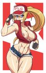  1girl abs absurdres areola_slip baseball_cap blonde_hair blue_eyes blue_hair breasts cleavage collarbone denim denim_shorts fatal_fury fatal_fury_cap fingerless_gloves genderswap genderswap_(mtf) gloves hat highres jewelry large_areolae large_breasts long_hair looking_at_viewer mergeritter micro_shorts midriff muscular muscular_female navel nipple_slip nipples no_bra ponytail red_vest shorts snk snk_heroines:_tag_team_frenzy solo terry_bogard the_king_of_fighters thighs vest 