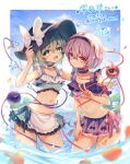  2girls bikini black_hairband black_headwear blush closed_mouth collarbone commission eyeball green_bikini green_eyes green_hair hair_between_eyes hair_ornament hairband hat hat_ribbon heart heart_hair_ornament heart_of_string highres komeiji_koishi komeiji_satori multiple_girls navel open_mouth pink_hair purple_bikini red_eyes ribbon sekisei_(superego51) short_hair siblings signature sisters skeb_commission smile swimsuit third_eye touhou v white_ribbon 