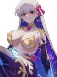  1girl bomberca309 breasts earrings fate/grand_order fate_(series) grey_hair hair_ribbon jewelry kama_(fate) kama_(third_ascension)_(fate) large_breasts long_hair red_eyes ribbon sitting smirk starry_hair white_background 