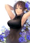  1girl armpits arms_behind_head arms_up black_dress blue_eyes blue_flower breasts brown_hair closed_mouth commentary_request dress earrings flower gobaku_no_hito jewelry large_breasts long_hair looking_at_viewer original pointy_ears purple_flower sidelocks sleeveless sleeveless_dress smile solo stud_earrings upper_body white_background 