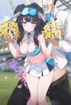  1boy 1girl absurdres animal_ears arm_grab arona&#039;s_sensei_doodle_(blue_archive) bare_shoulders black_hair blue_archive blush breasts cheerleader clothed_sex commentary_request crop_top dog_ears dog_girl dog_tail eyewear_on_head halo hetero hibiki_(blue_archive) hibiki_(cheerleader)_(blue_archive) highres holding_another&#039;s_wrist long_hair looking_at_viewer midriff motion_lines official_alternate_costume outdoors paid_reward_available pom_pom_(cheerleading) sensei_(blue_archive) sex sex_from_behind skirt solo_focus standing standing_sex tail topu vaginal 