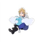  1boy aged_down black_footwear blonde_hair blue_eyes blue_pants boots cloud_strife crossover final_fantasy final_fantasy_vii highres holding holding_pokemon light_smile male_focus newb_ff7r on_lap pants pokemon pokemon_(creature) pokemon_on_lap ponytail shirt short_hair short_ponytail simple_background sitting smile spiked_hair swablu t-shirt white_background white_shirt 