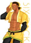  1boy abdonis commentary_request dark-skinned_male dark_skin highres male_focus muscular muscular_male red_hair ring_fit_adventure shirt to_ame_ha_yaiba yellow_eyes yellow_shirt 