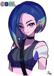  1girl bare_shoulders black_choker blue_eyes blue_hair bob_cut bright_pupils brown_eyes choker crop_top english_text green_hair highres ida_(idalol490) looking_at_viewer loose_hair_strand midriff multicolored_hair off-shoulder_shirt off_shoulder perrin_(pokemon) pokemon pokemon_(game) pokemon_sv shirt short_hair short_sleeves smile solo white_pupils 