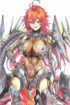  1girl ahoge antenna_hair arm_armor armored_leotard bodystocking boobplate breasts colored_pencil_(medium) covered_navel goddess_of_victory:_nikke grin hair_between_eyes hand_on_own_hip highres huge_breasts long_hair looking_at_viewer michikusa_choco nihilister_(nikke) red_eyes red_hair see-through_cleavage sidelocks simple_background smile solo torn_bodystocking torn_clothes traditional_media twitter_username upper_body white_background 