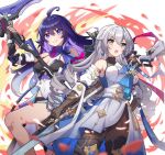  2girls ahoge bare_legs blue_eyes blue_hair breasts bronya_rand brown_gloves cleavage closed_mouth detached_sleeves earrings english_commentary gloves grey_eyes grey_hair gun hand_on_own_hip holding holding_gun holding_scythe holding_weapon honkai:_star_rail honkai_(series) jewelry medium_breasts multiple_girls open_mouth saylamars scythe seele_(honkai:_star_rail) smile weapon white_sleeves 