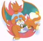  absurd_res anthro charizard claws clothed clothing diaper disembodied_hand fennecat_(artist) fire flaming_tail generation_1_pokemon ghost_hands group hi_res looking_pleasured male nintendo pokemon pokemon_(species) shirt solo_focus t-shirt tail toe_claws tongue tongue_out topwear watermark wearing_diaper wings 