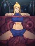  1girl bare_shoulders blonde_hair blue_eyes breasts clenched_teeth crop_top dyun empty_eyes frown high_ponytail highres metroid pitfall restrained samus_aran scared solo stuck sweat teeth tentacle_pit tentacles through_ground 