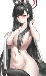  1girl absurdres animal_ears areola_slip black_hair black_tail blue_archive blush breasts collarbone completely_nude covering_breasts covering_privates fox_ears fox_tail groin hair_censor hair_over_breasts hair_over_one_breast halo heart heart-shaped_pupils highres holding holding_towel kemonomimi_mode large_breasts long_hair navel nude open_mouth red_eyes rio_(blue_archive) samart solo stomach symbol-shaped_pupils tail tail_censor towel very_long_hair wet wet_hair white_background 