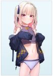  1girl :/ black_ribbon blonde_hair blue_eyes blunt_bangs border commentary cowboy_shot crop_top curly_hair grey_panties hair_intakes hair_ribbon highres jacket long_hair long_sleeves looking_at_viewer low_twintails makaino_ririmu midriff multicolored_hair navel nijisanji no_pants off_shoulder open_clothes open_jacket outside_border panties pink_hair red_eyes ribbon sabamen simple_background sleeves_past_wrists solo twintails two-tone_hair underwear virtual_youtuber white_border 