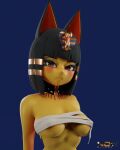  3dcg animal_crossing ankha_(animal_crossing) anthro big_breasts blue_hair breasts clothing digital_media_(artwork) egyptian_clothing female hair hi_res mummy_wrappings nintendo nonexternal simple_background solo 
