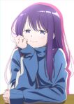  1girl absurdres blue_jacket blush closed_mouth commentary_request hand_on_own_face head_rest highres jacket kubo-san_wa_mob_wo_yurusanai kubo_nagisa long_hair long_sleeves looking_at_viewer natsuki_hiroshi purple_eyes purple_hair simple_background smile solo track_jacket upper_body white_background 