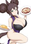  animal_ears blue_eyes breasts brown_hair china_dress chinese_clothes cleavage commentary dress food highres holding holding_food holding_plate horse_ears horse_girl horse_tail large_breasts looking_at_viewer plate sleeveless solo symbol-only_commentary tail thighhighs umamusume white_background yuugatou_(yuuzutu) 