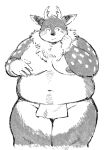  anthro antlers asian_clothing belly blush clothing deer east_asian_clothing embarrassed fundoshi fupa fur greyscale hi_res horn japanese_clothing kazusa male mammal monochrome moobs navel nipples overweight solo spots spotted_body spotted_fur sv_grart tamacolle underwear 