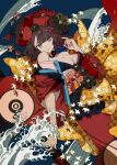  1girl bare_shoulders bird black_kimono blue_eyes breasts brown_hair chinese_commentary cleavage commentary_request fate/grand_order fate_(series) feet_out_of_frame hair_ornament hand_up highres holding japanese_clothes katsushika_hokusai_(fate) kimono looking_at_viewer medium_hair multicolored_clothes multicolored_kimono obi off_shoulder parted_lips red_kimono sash solo waves yuzhouluoxuanwudigua 