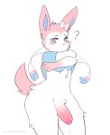  anthro big_penis blue_eyes blush blush_lines bodily_fluids clothed clothing clothing_lift eeveelution eyebrows fiamourr fluffy fur generation_6_pokemon genital_fluids genitals girly hi_res humanoid_genitalia humanoid_penis male multicolored_body multicolored_fur nintendo penis pink_body pink_fur pokemon pokemon_(species) precum question_mark raised_eyebrows shirt shirt_lift simple_background solo standing sylveon tail text topwear undressing url white_body white_fur 