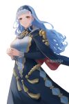  1girl artist_name blue_dress blue_hair blue_hairband brown_eyes dress fire_emblem fire_emblem:_three_houses fire_emblem_warriors:_three_hopes gold_tassel hairband highres long_hair marianne_von_edmund moja_(rainpoow) official_alternate_costume official_alternate_hairstyle white_background 