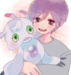  anthro bandai_namco blush digimon digimon_(species) duo embrace green_eyes hair hi_res hug human lui_owada male mammal nantoimanara purple_hair smile ukkomon white_body 