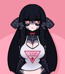  big_breasts black_hair breasts cleavage clothed clothing female hair horn horned_humanoid humanoid limebreaker looking_at_viewer red_eyes solo text text_on_clothing text_on_topwear topwear wide_hips 
