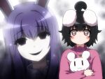  2girls :3 ahoge animal_ears black_hair black_mouth blush carrot_necklace closed_mouth collared_shirt commentary_request dark_gathering empty_eyes floppy_ears grey_background hair_between_eyes huge_ahoge inaba_mob_(touhou) inaba_tewi jewelry looking_at_viewer medium_bangs multiple_girls necklace open_mouth parody pink_shirt purple_hair rabbit rabbit-shaped_pupils rabbit_ears rabbit_girl red_eyes reisen_udongein_inaba shirosato shirt short_hair smile symbol-shaped_pupils textless_version thick_eyebrows touhou trembling upper_body white_shirt 
