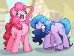  absurd_res blue_hair blue_tail bracelet chest_tuft cutie_mark derp_eyes earth_pony equid equine female feral friendship_is_magic fur gradient_hair hair hasbro hi_res hooves horn horse izzy_moonbow_(mlp) jewelry mammal mlp_g5 my_little_pony open_mouth pink_body pink_fur pink_hair pink_tail pinkie_pie_(mlp) pony tail tuft unicorn witchtaunter 