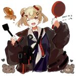 &gt;_o 1girl animal_ears arknights arms_up bag bear_ears bear_girl black_jacket blonde_hair blue_shirt butter candy_hair_ornament commentary crop_top dated food food-themed_hair_ornament frying_pan gummy_(arknights) hair_ornament heart highres holding holding_frying_pan holding_spatula jacket k-yosinori lollipop_hair_ornament looking_at_viewer neckerchief one-hour_drawing_challenge one_eye_closed open_clothes open_jacket open_mouth pancake red_eyes sailor_collar shirt signature simple_background sketch smile solo spatula stuffed_animal stuffed_toy syrup teddy_bear teeth upper_teeth_only white_background white_neckerchief white_sailor_collar 