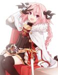  1boy :d arm_support armor armored_dress asami_yuriko astolfo_(fate) black_thighhighs braid braided_ponytail cape commentary_request cowboy_shot fang fate/apocrypha fate_(series) fur-trimmed_cape fur_trim garter_straps hair_between_eyes hair_intakes hand_up leaning_back long_hair looking_at_viewer open_mouth otoko_no_ko pink_hair purple_eyes simple_background sitting skin_fang smile solo sword thighhighs v-shaped_eyebrows very_long_hair w w_over_eye weapon white_background white_cape white_fur zettai_ryouiki 