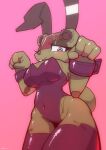  2023 4_fingers anthro big_breasts breasts buckteeth clothing female fingers green_body hi_res lagomorph leotard leporid machine mammal navel pink_background purple_clothing purple_leotard rabbit robot sat_v12 simple_background smile solo teeth 