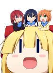  4girls :d blonde_hair blue_eyes blue_hair blush blush_stickers bow comic_cune fang fudooka_yae green_eyes hanasaki_mana jacket kitagohama_lulu lulumate mitsumata_wano miyako_hito multiple_girls open_mouth purple_eyes red_hair red_jacket school_uniform simple_background smile white_background yellow_eyes |_| 