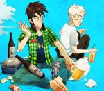  2boys akagi:_yami_ni_oritatta_tensai akagi_shigeru alcohol asahi_breweries barefoot beer beer_can beer_mug black_hair black_pants black_shirt blue_background blue_pants can cigarette collared_shirt commentary_request cup disposable_cup drinking_straw expressionless fukumoto_nobuyuki_(style) full_body green_shirt grey_hair grin holding holding_cigarette itou_kaiji kaiji long_hair looking_at_another looking_to_the_side mahjong male_focus marlboro medium_bangs mug multiple_boys official_style open_clothes open_shirt pachinko_ball pants parody plaid plaid_shirt shirt short_hair sitting smile smoke smoking style_parody t_k_g tenbou undershirt white_shirt 